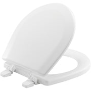 White enameled wood toilet seat with oval bowl design and metal hinges on both sides.