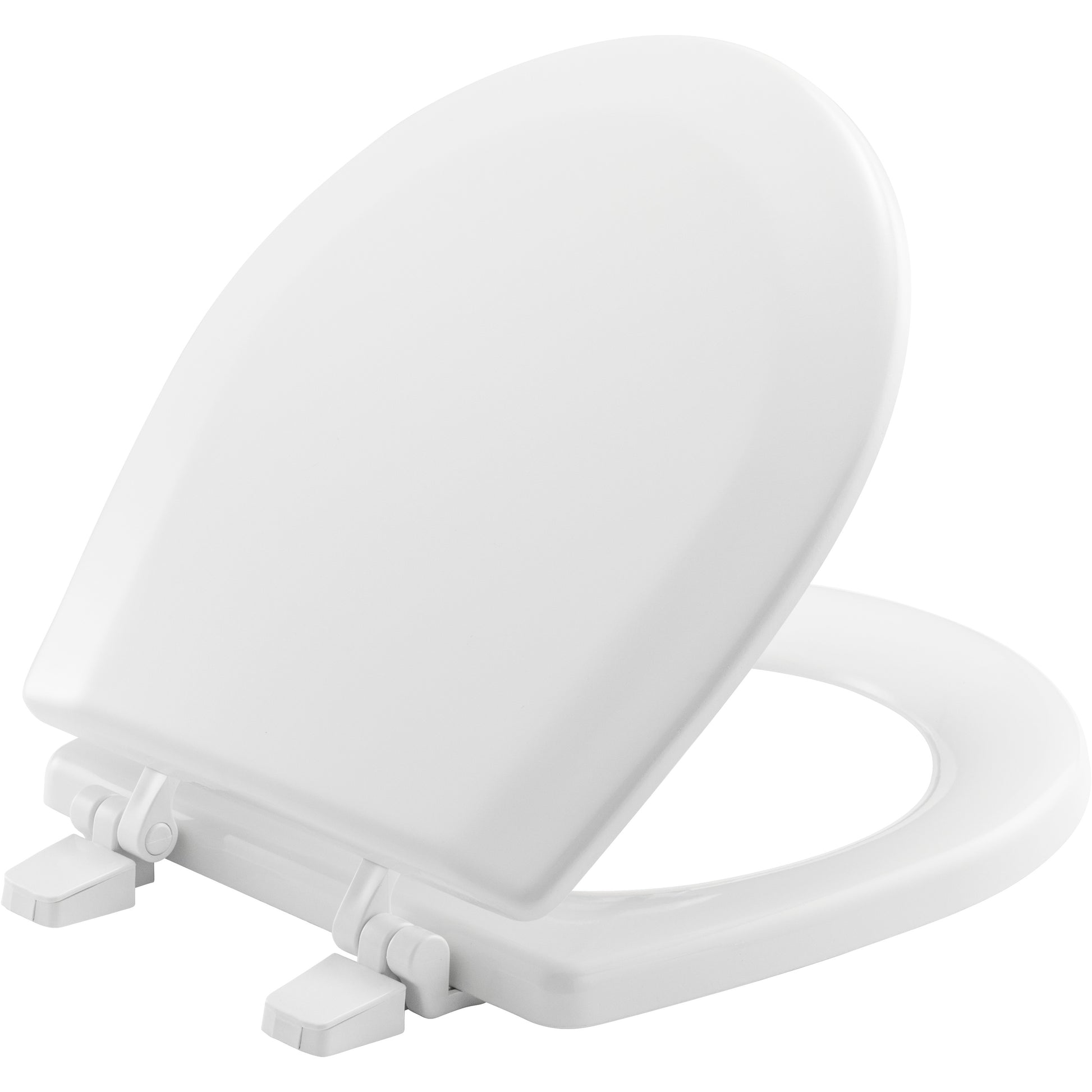 White enameled wood toilet seat with oval bowl design and metal hinges on both sides.
