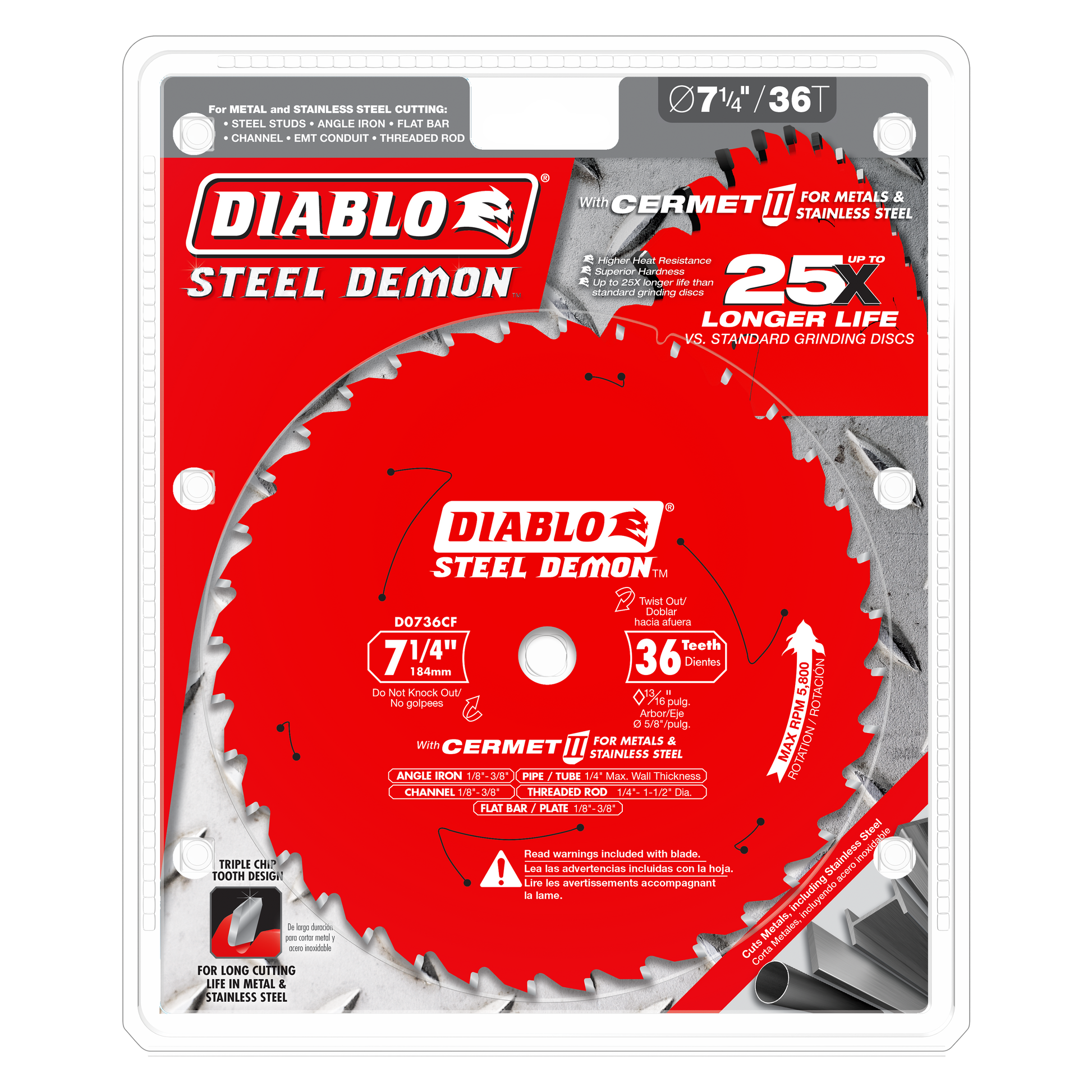 Red circular saw blade with 36 teeth, labeled Diablo Steel Demon, mounted on white packaging with specifications for metal an