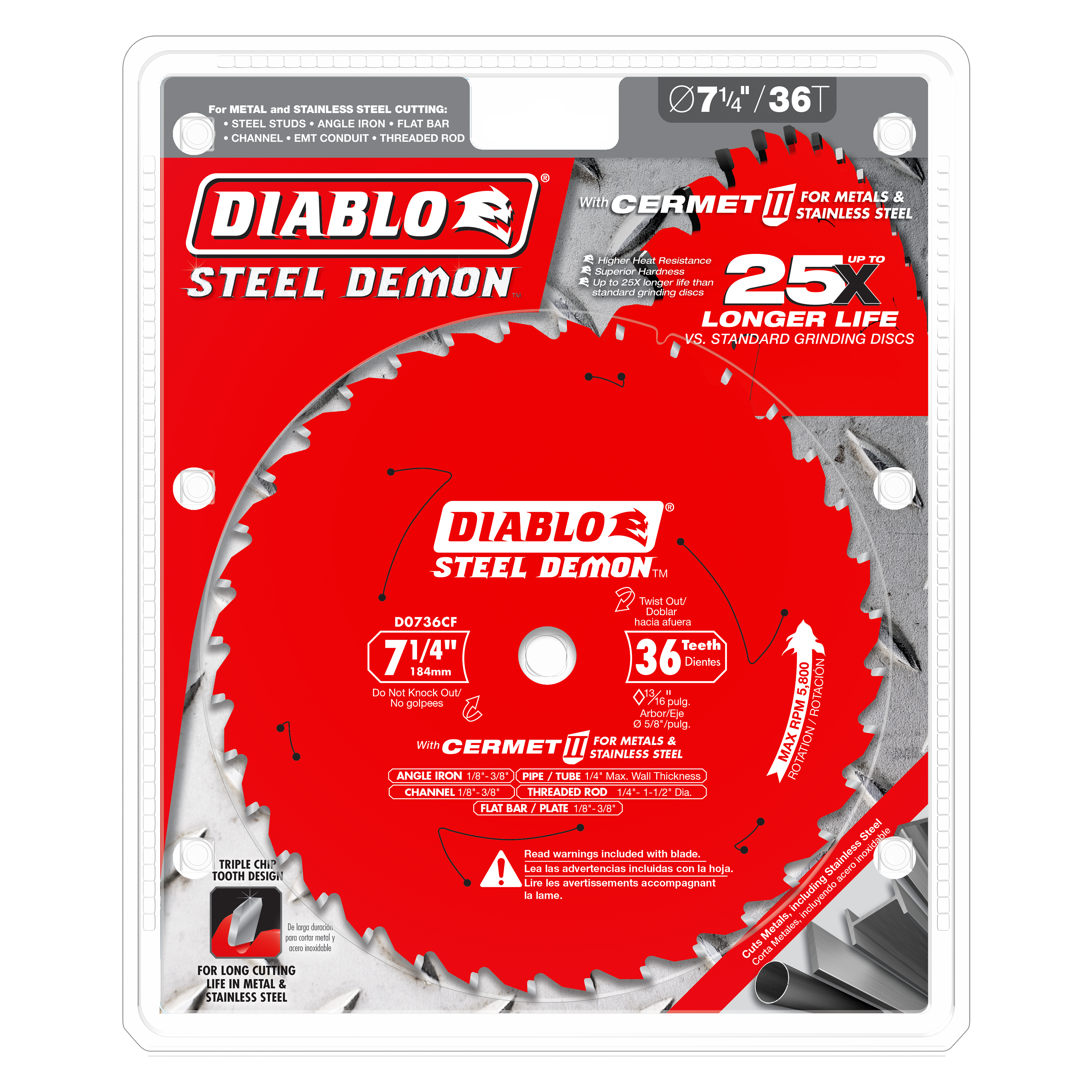 Red circular saw blade with 36 teeth, labeled Diablo Steel Demon, mounted on white packaging with specifications for metal an