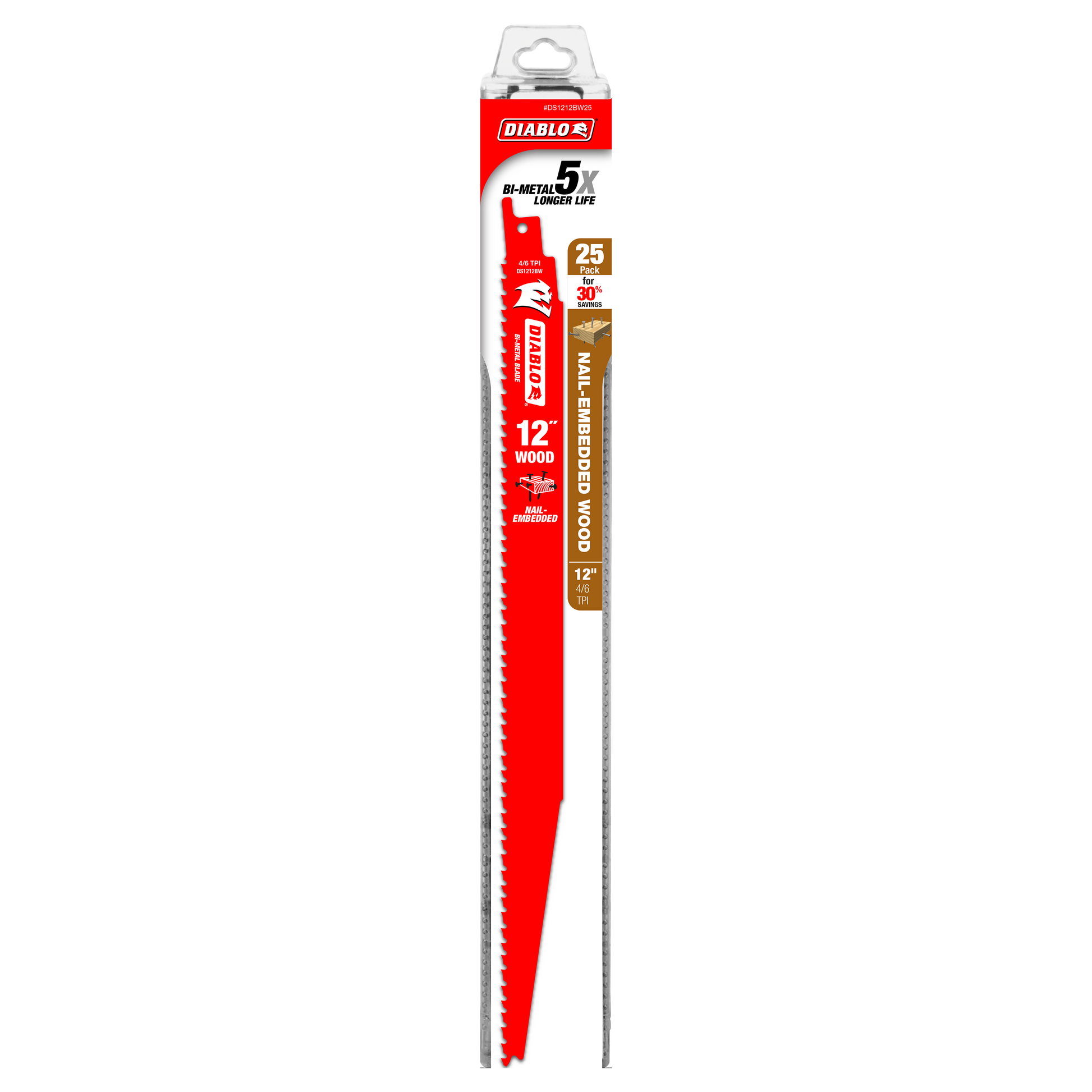 Diablo 12-inch bi-metal reciprocating saw blade with serrated edge in red and silver packaging marked "25-pack."