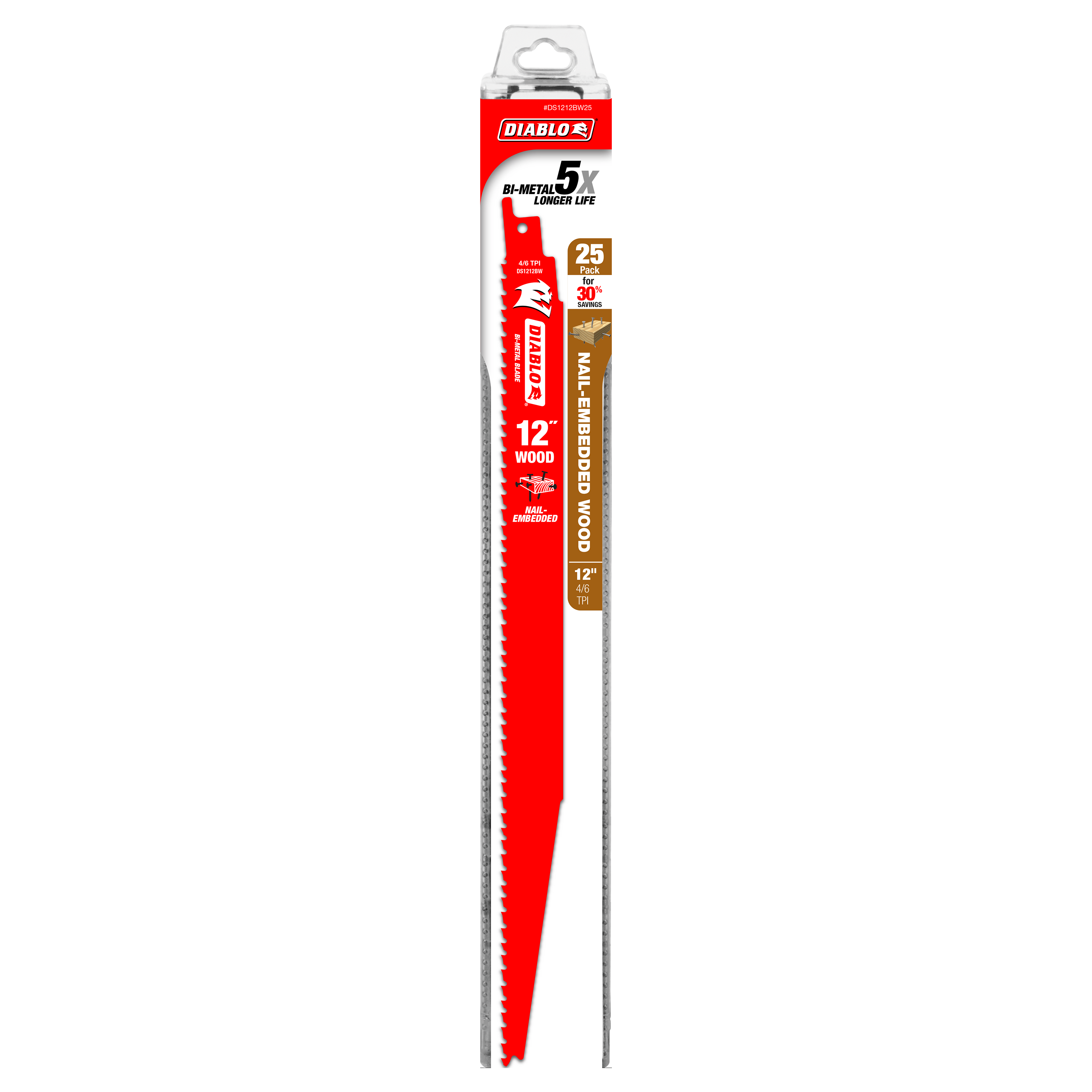 Diablo 12-inch bi-metal reciprocating saw blade with serrated edge in red and silver packaging marked "25-pack."