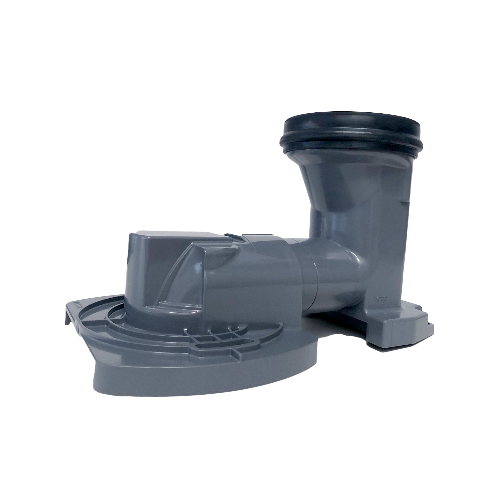 Gray plastic toilet trapway adapter with curved base connector and vertical outlet pipe.
