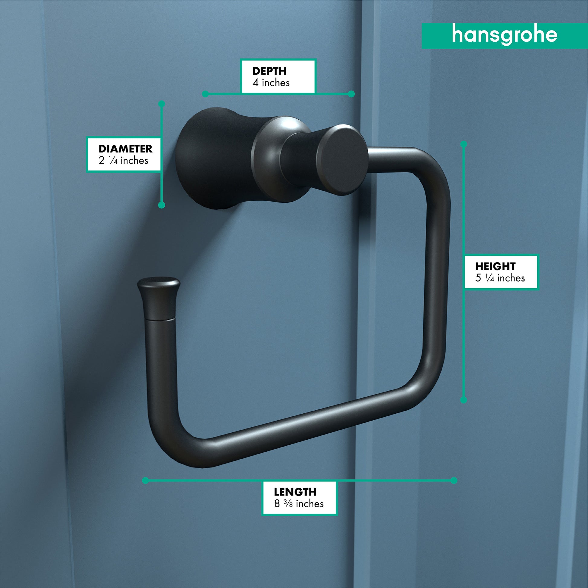 Matte black curved towel ring with mounting hardware shown with dimension labels: 8.5 inches length, 5.25 inches height, 4 in