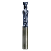 Black and gray double compression router bit with fluted cutting edges and cylindrical shank.