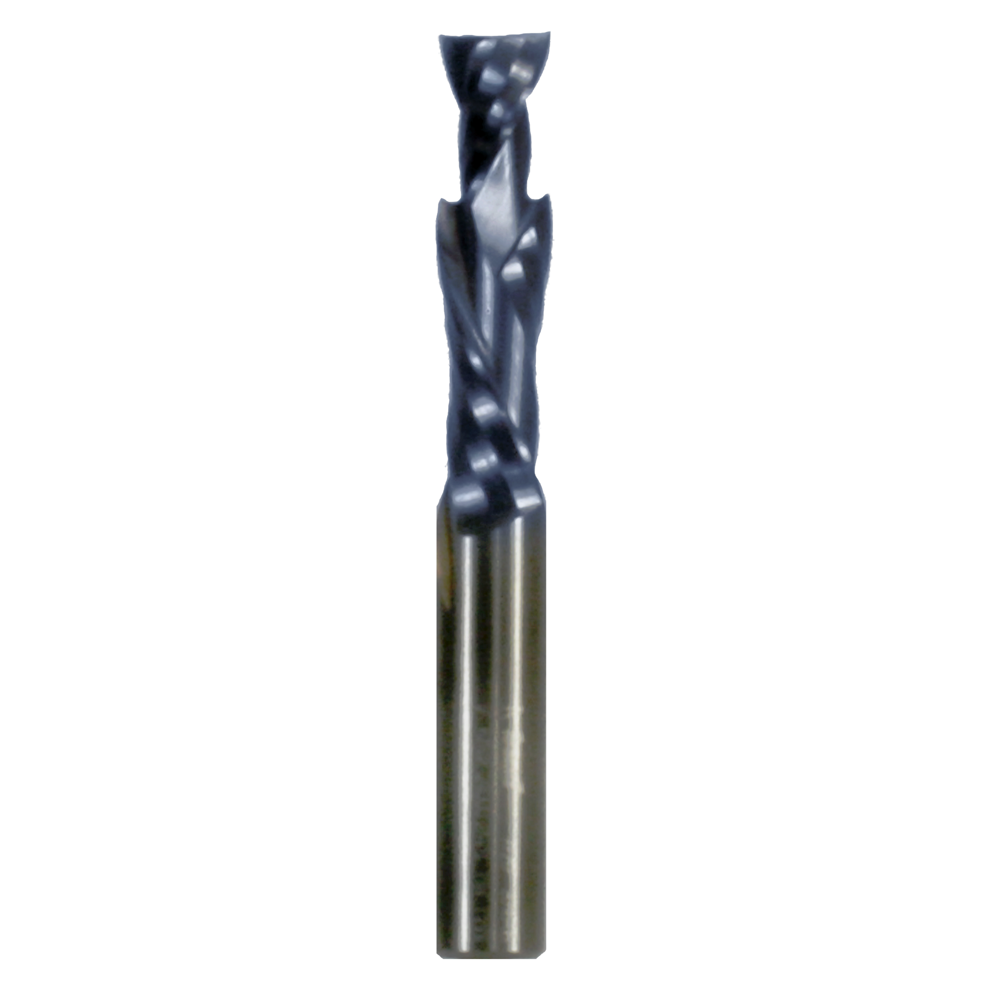 Black and gray double compression router bit with fluted cutting edges and cylindrical shank.