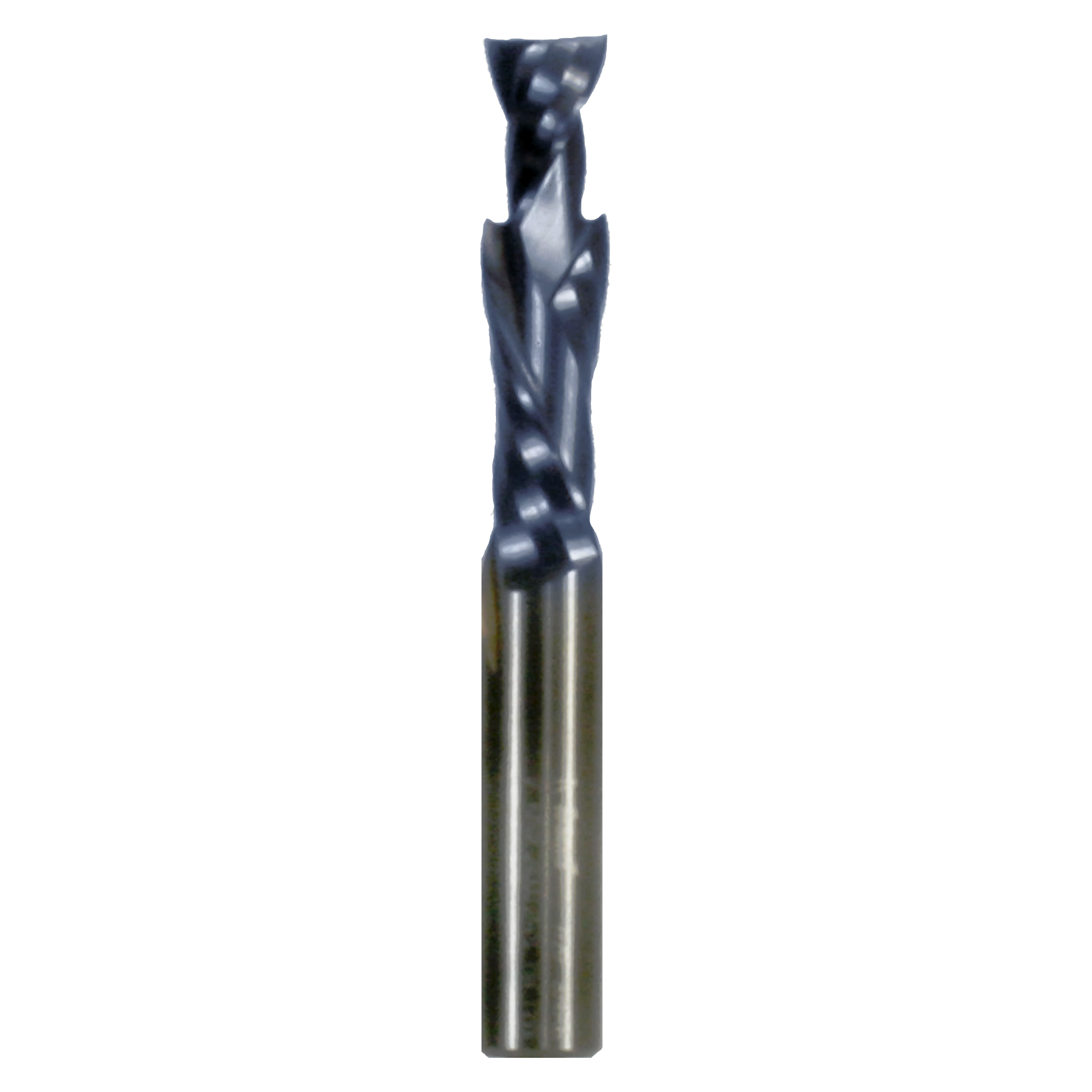 Black and gray double compression router bit with fluted cutting edges and cylindrical shank.