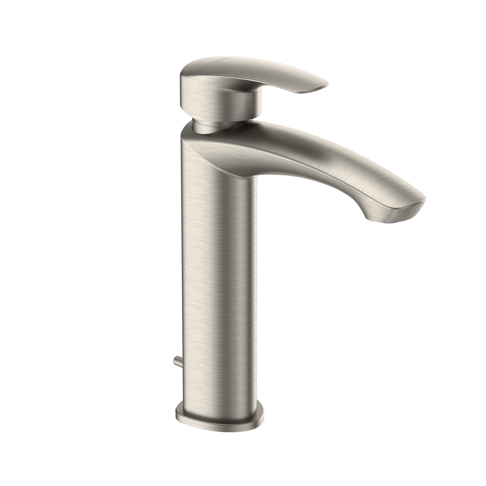 Brushed nickel single-handle bathroom sink faucet with curved spout and cylindrical body.