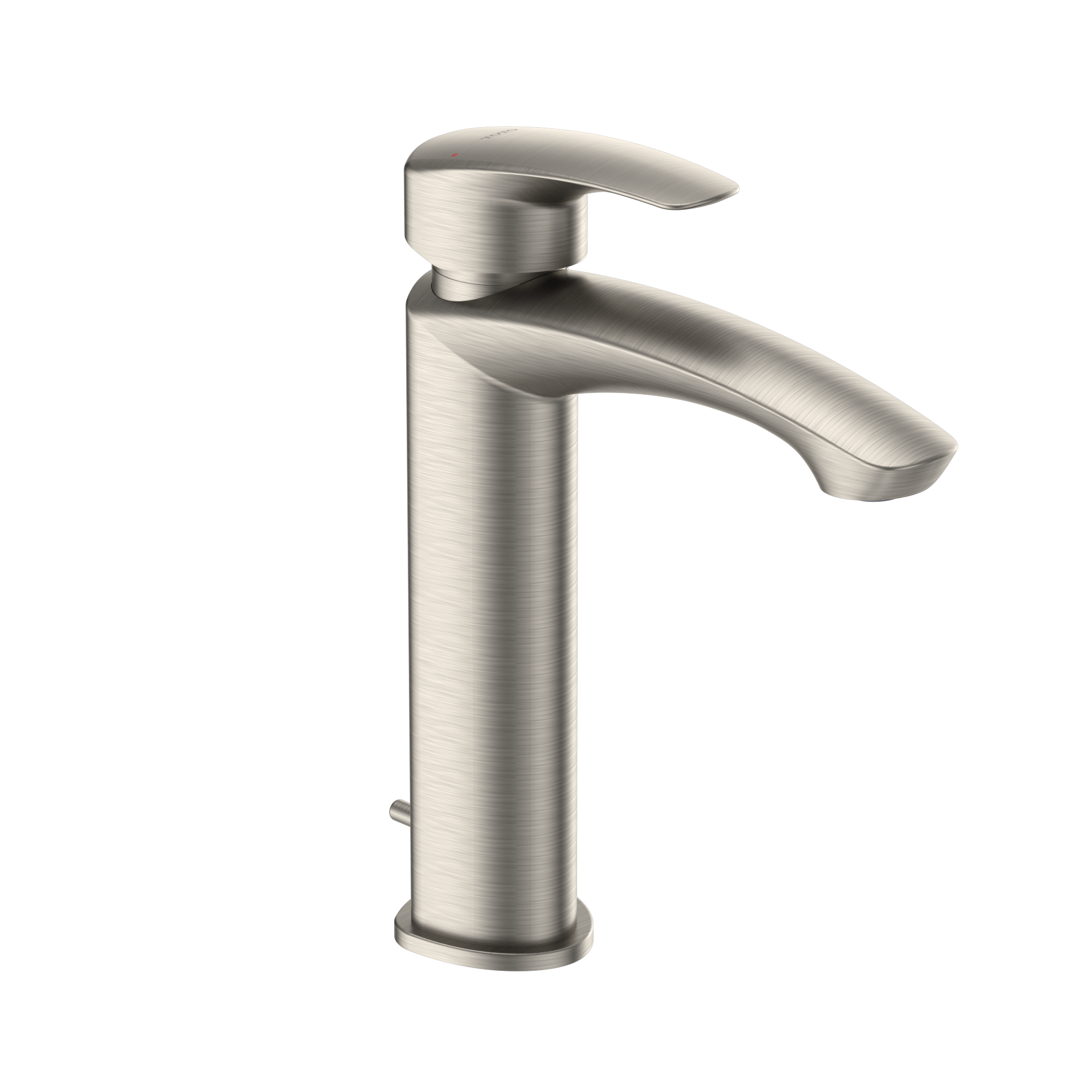 Brushed nickel single-handle bathroom sink faucet with curved spout and cylindrical body.
