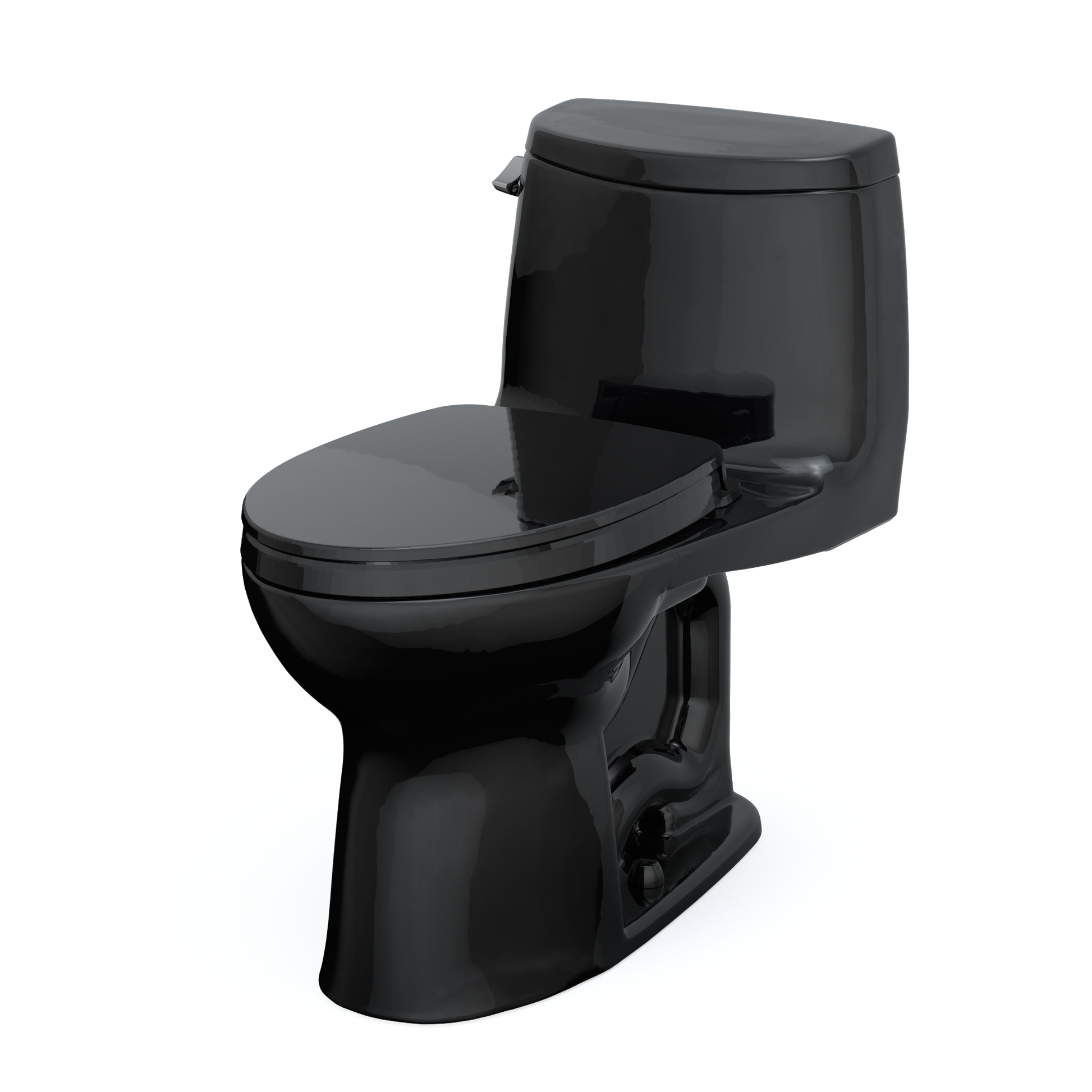 Ebony one-piece elongated toilet with soft-close seat in open position and integrated tank.
