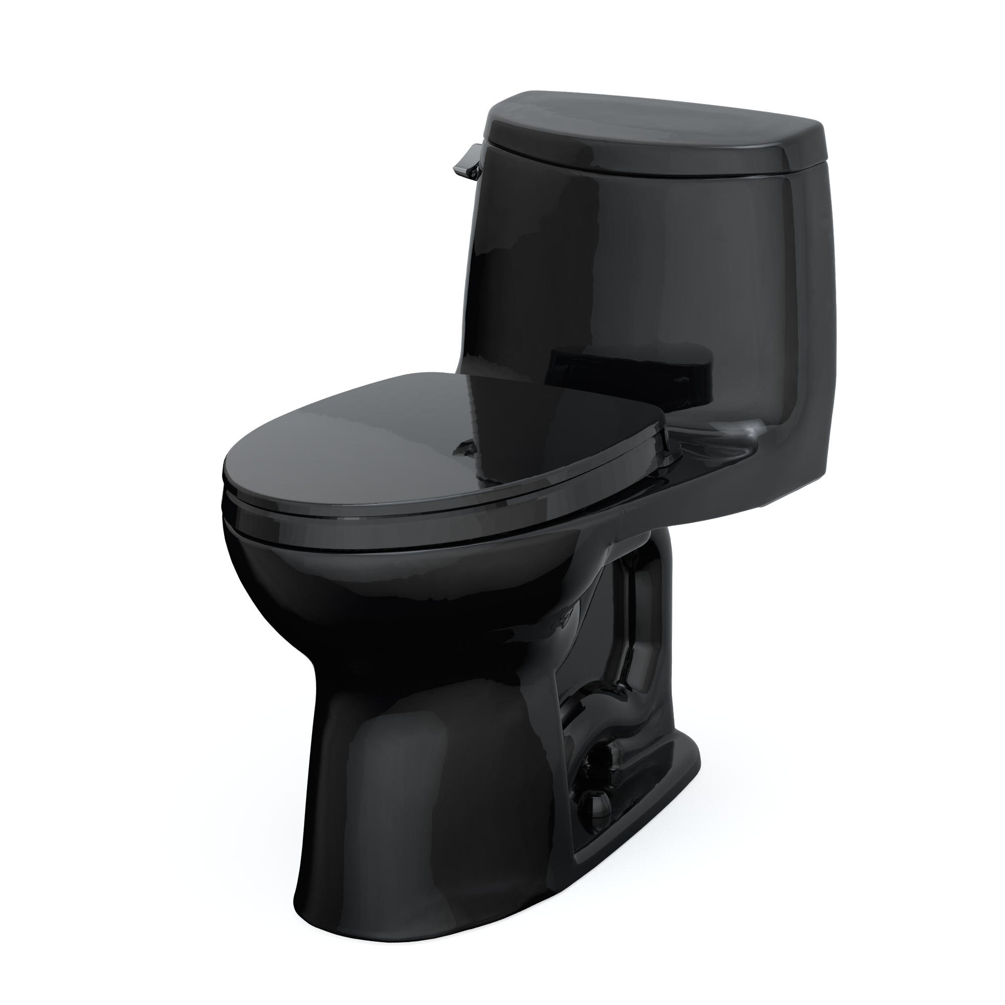 Ebony one-piece elongated toilet with soft-close seat in open position and integrated tank.