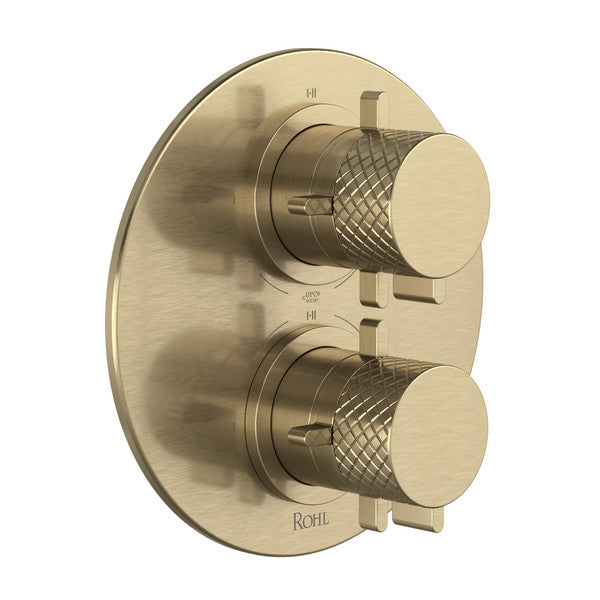 Antique gold thermostatic shower valve trim with dual cross-handle controls and oval backplate.