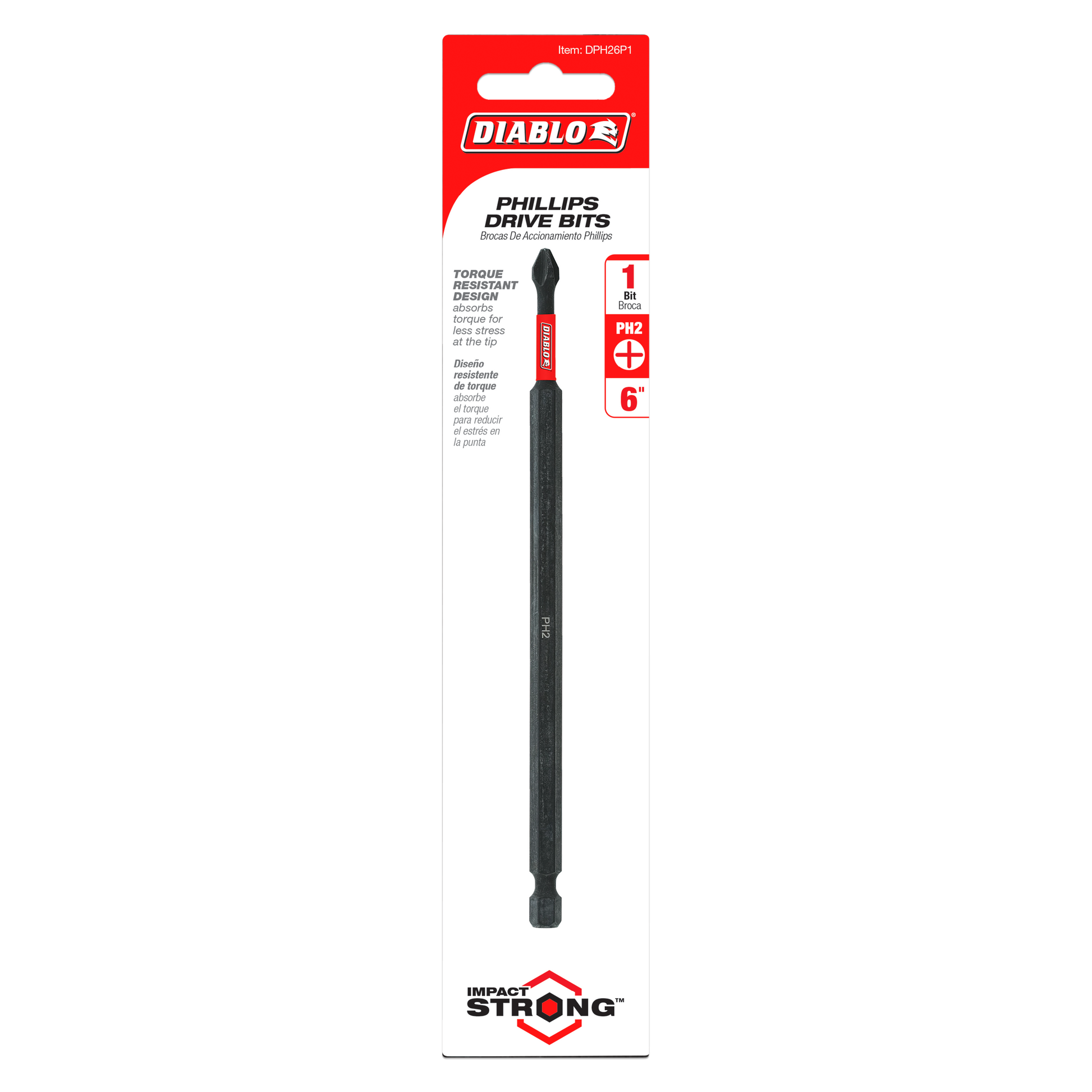 Diablo 6-inch #2 Phillips drive bit with black shaft and red grip collar on red packaging card.
