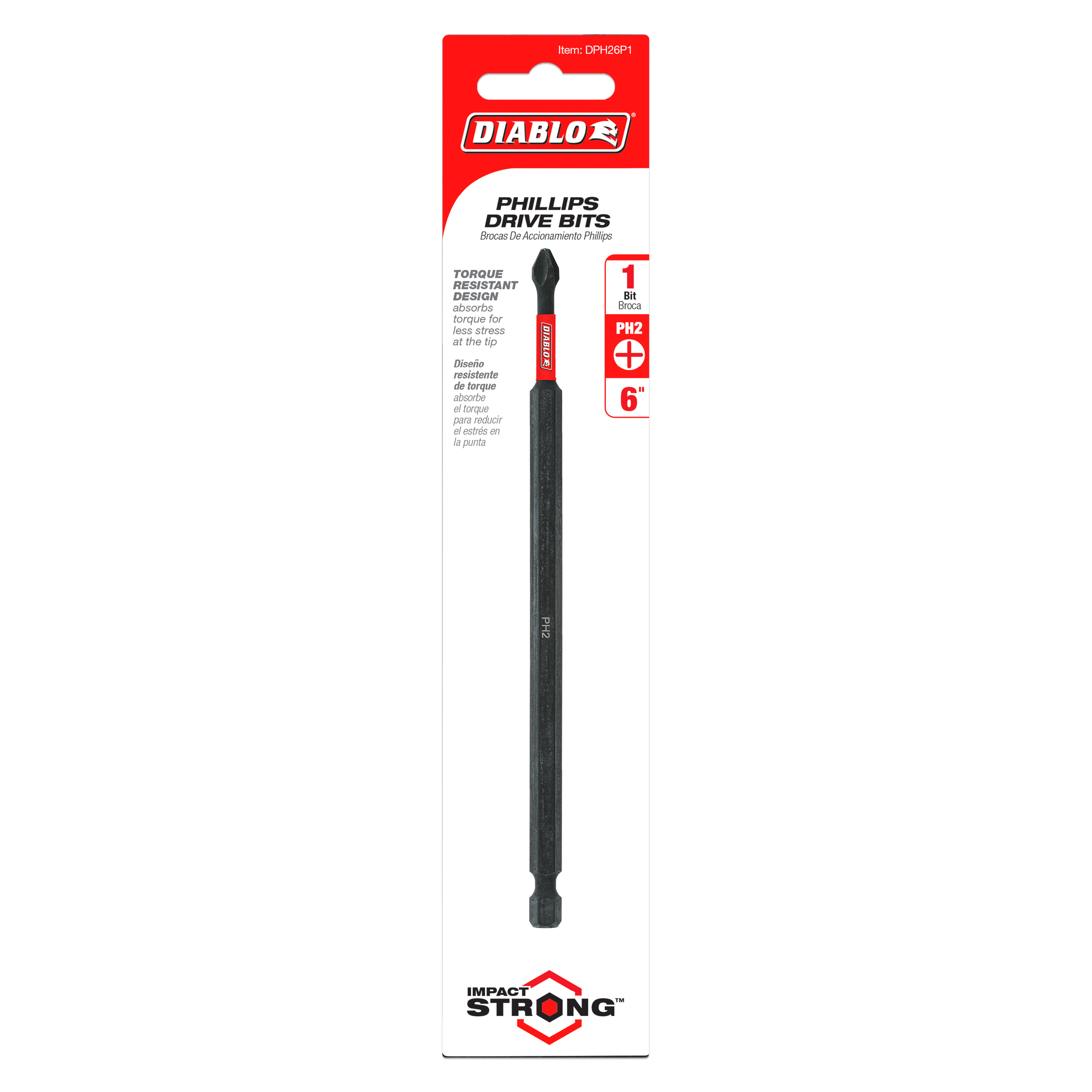 Diablo 6-inch #2 Phillips drive bit with black shaft and red grip collar on red packaging card.