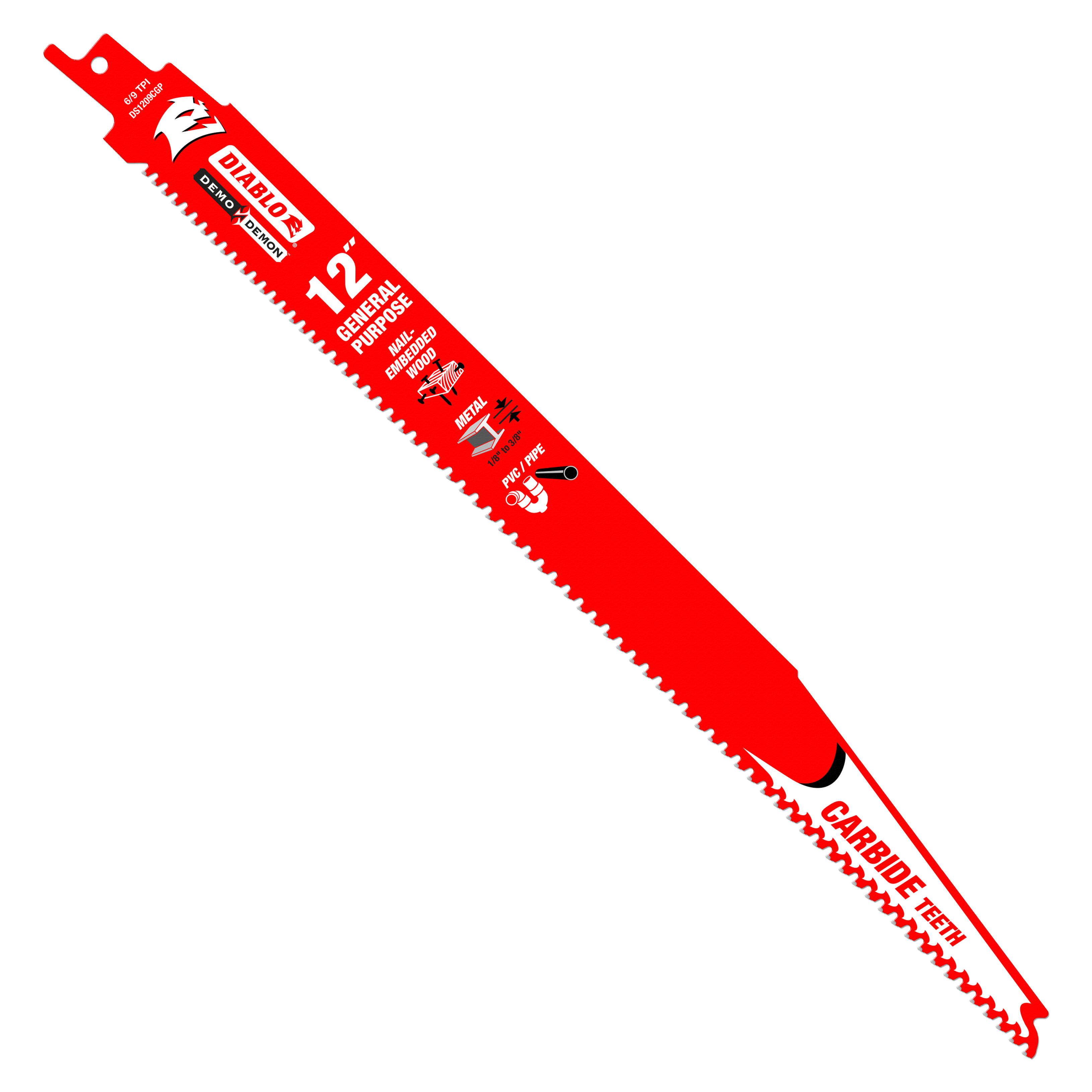 Red Diablo carbide reciprocating saw blade with serrated cutting edge and curved handle grip.