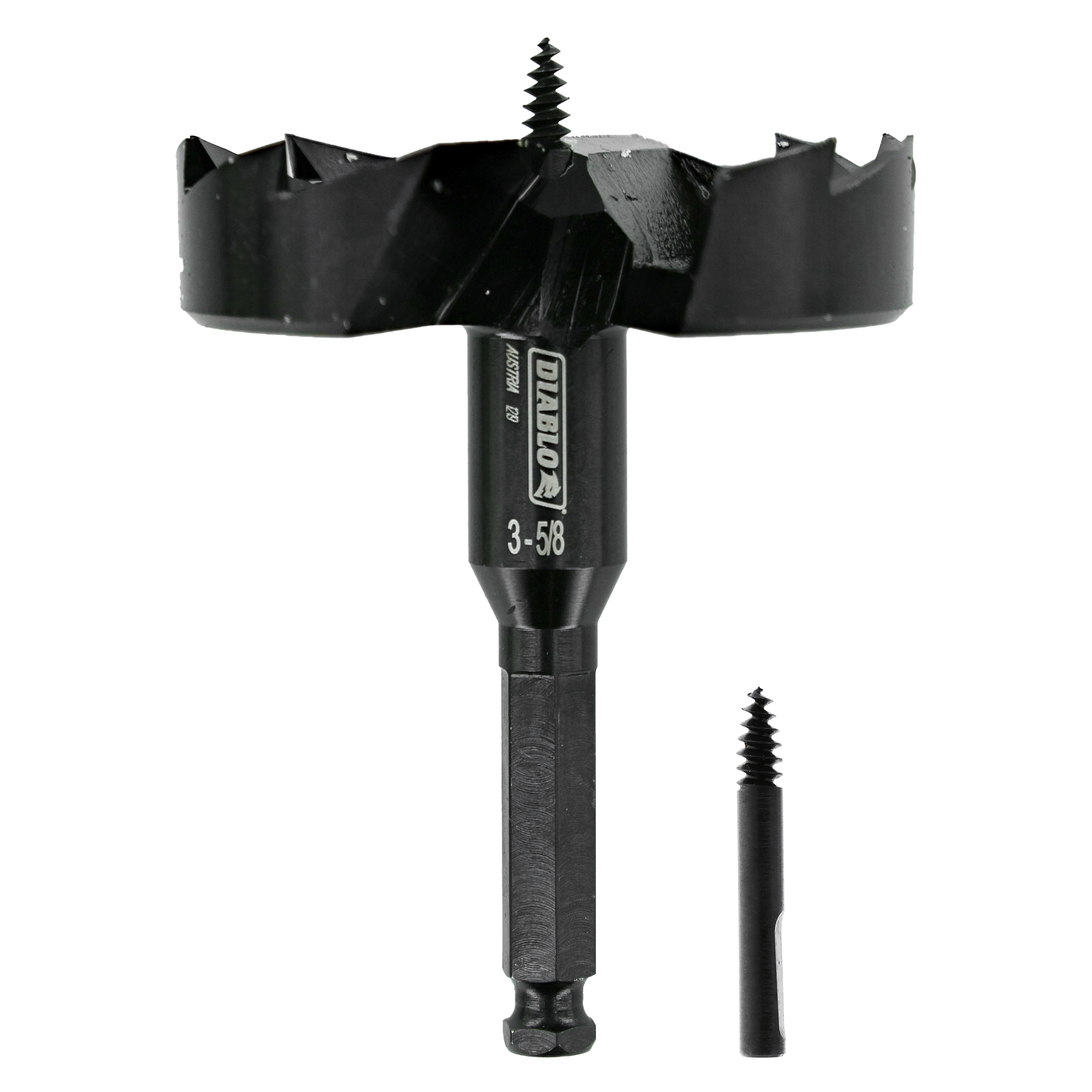 Black self-feed spade bit with wide cutting head, center screw, and shaft labeled "3-5/8" shown with detached pilot bit.