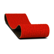 Two red sanding belts with black backing, 3 inches wide by 21 inches long, 36 grit.