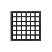 Matte black square drain cover with grid pattern of small square openings arranged in six rows and six columns.