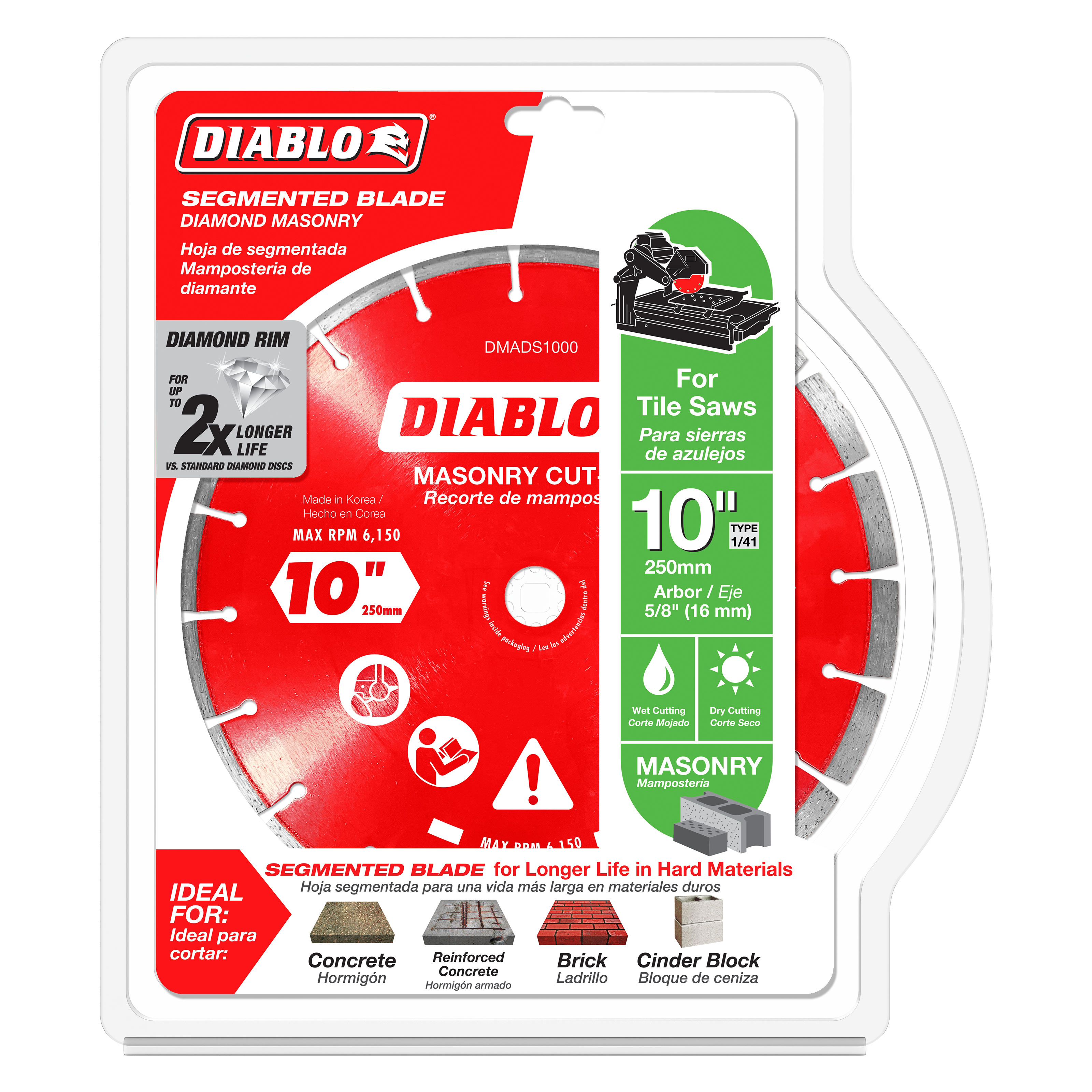Diablo 10-inch diamond segmented masonry cut-off disc with 5/8-inch arbor in retail packaging.