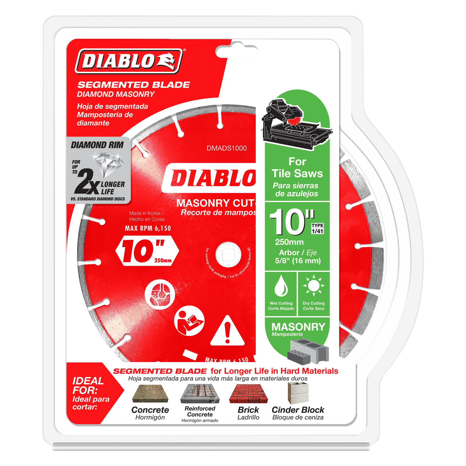 Diablo 10-inch diamond segmented masonry cut-off disc with 5/8-inch arbor in retail packaging.