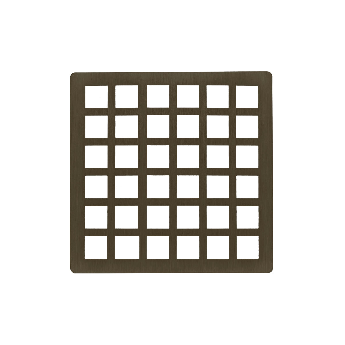 Square oil rubbed bronze drain cover with grid pattern of small square cutouts.