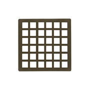 Square oil rubbed bronze drain cover with grid pattern of small square cutouts.