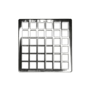 Polished stainless steel square drain cover with grid pattern of small square openings.