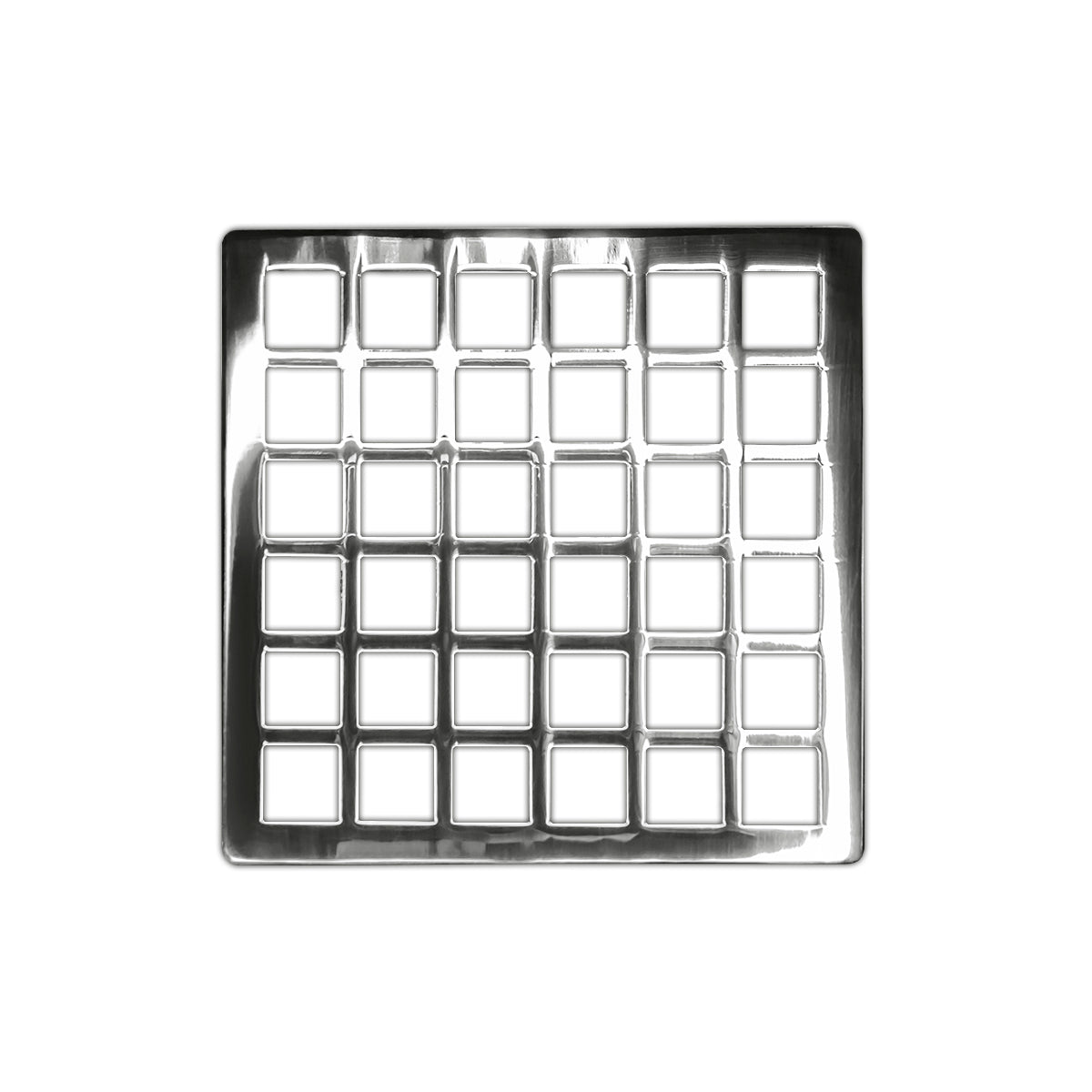 Polished stainless steel square drain cover with grid pattern of small square openings.