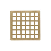 Square satin bronze drain cover with grid pattern of small square cutouts.