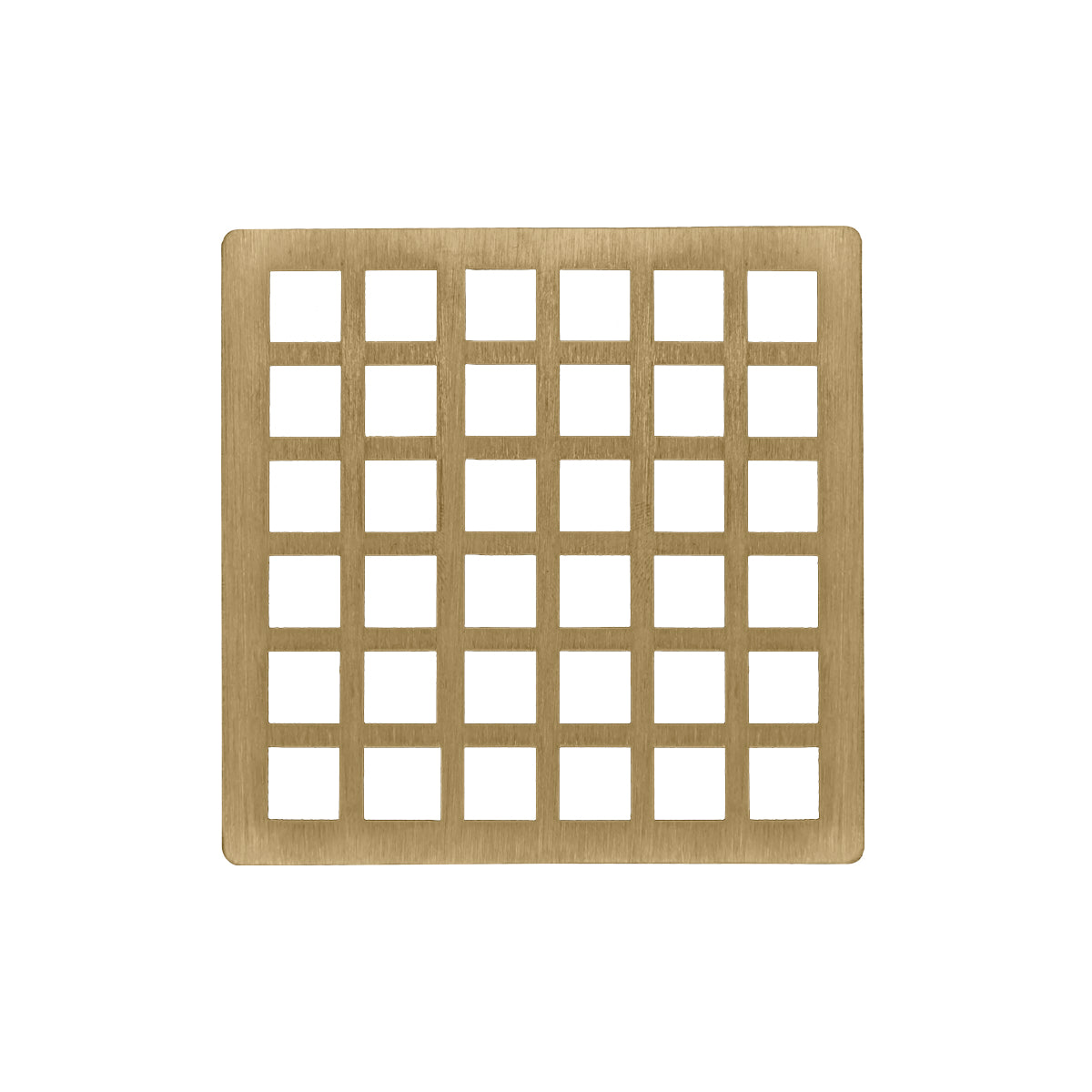 Square satin bronze drain cover with grid pattern of small square cutouts.