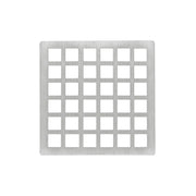 Square satin stainless steel drain cover with grid pattern of small square openings.