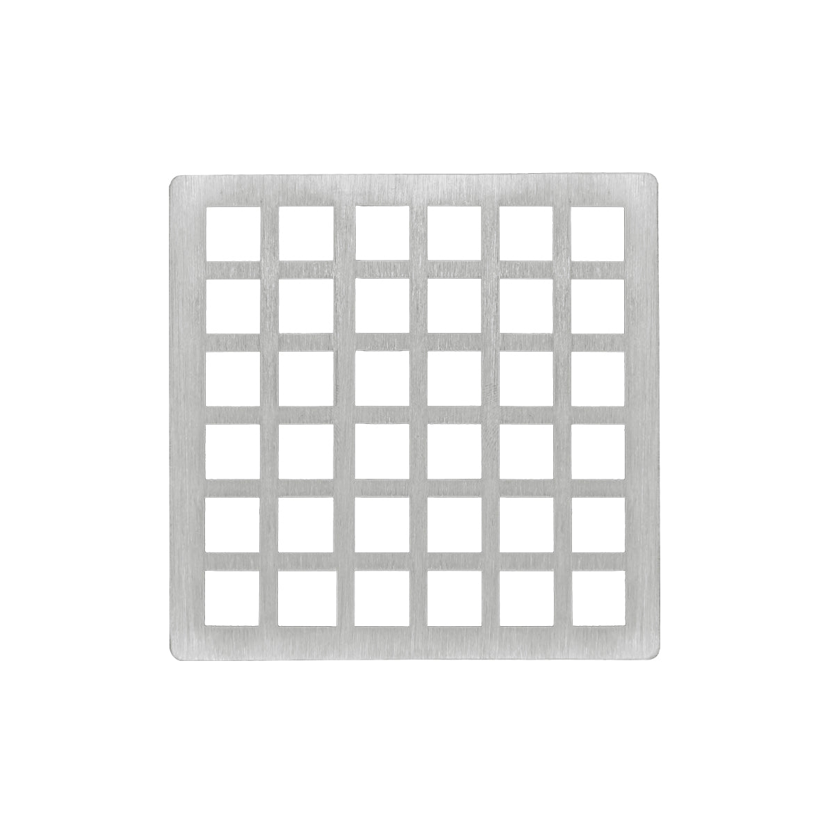 Square satin stainless steel drain cover with grid pattern of small square openings.