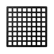 Matte black square drain cover with grid pattern of small square openings.