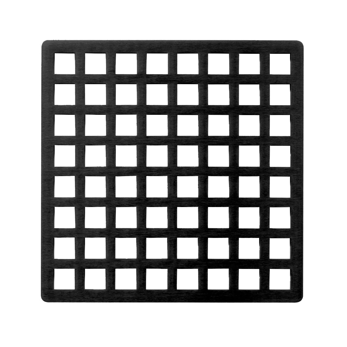 Matte black square drain cover with grid pattern of small square openings.