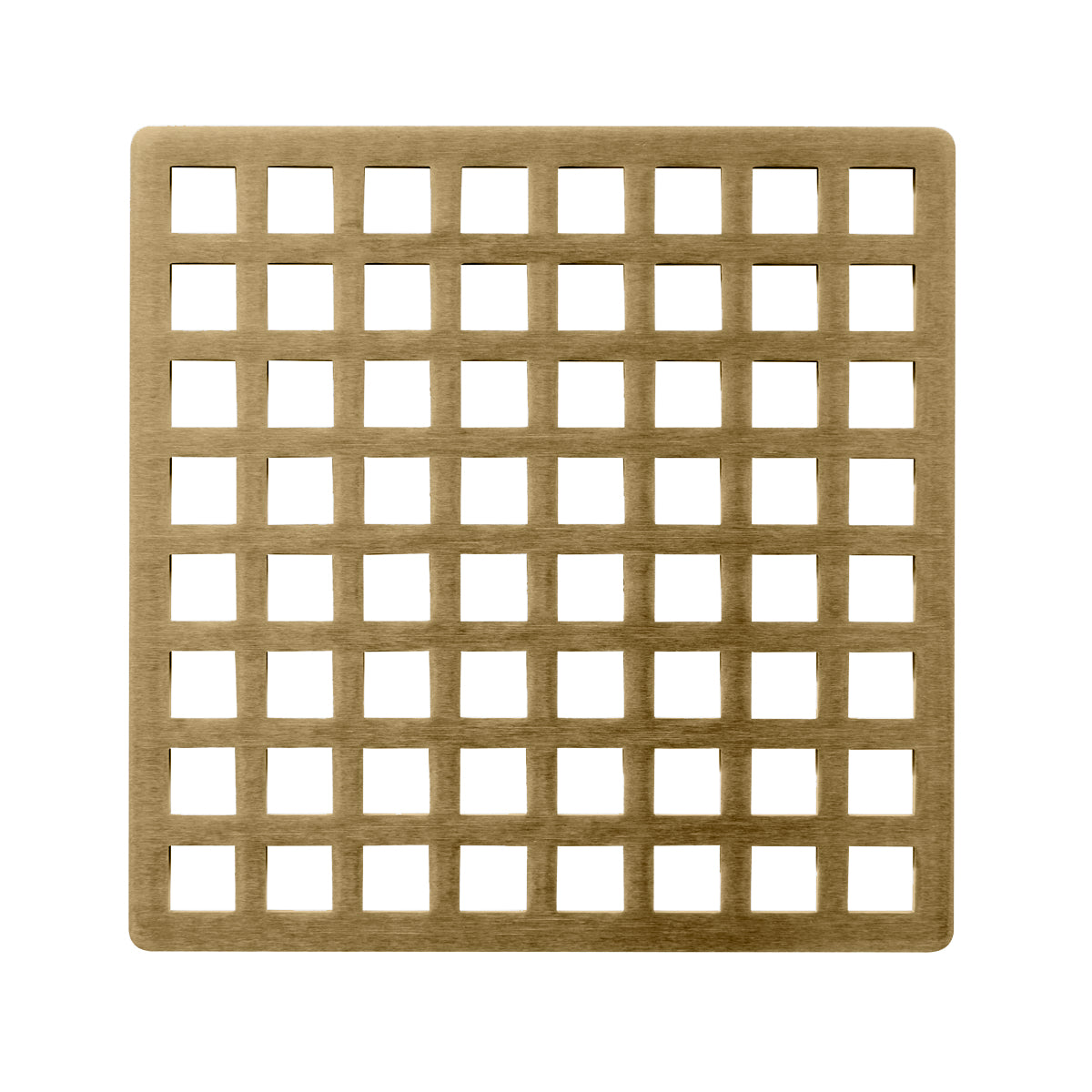 Square satin bronze drain cover with grid pattern of small square cutouts arranged in eight rows and columns.