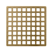 Square satin bronze drain cover with grid pattern of small square cutouts arranged in eight rows and columns.