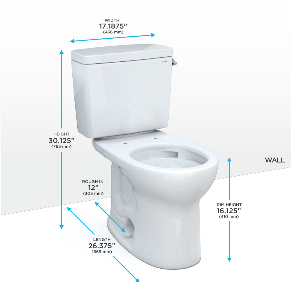 White two-piece round toilet with tank, lever on right side, dimensions labeled for width, height, length, and rough-in measu