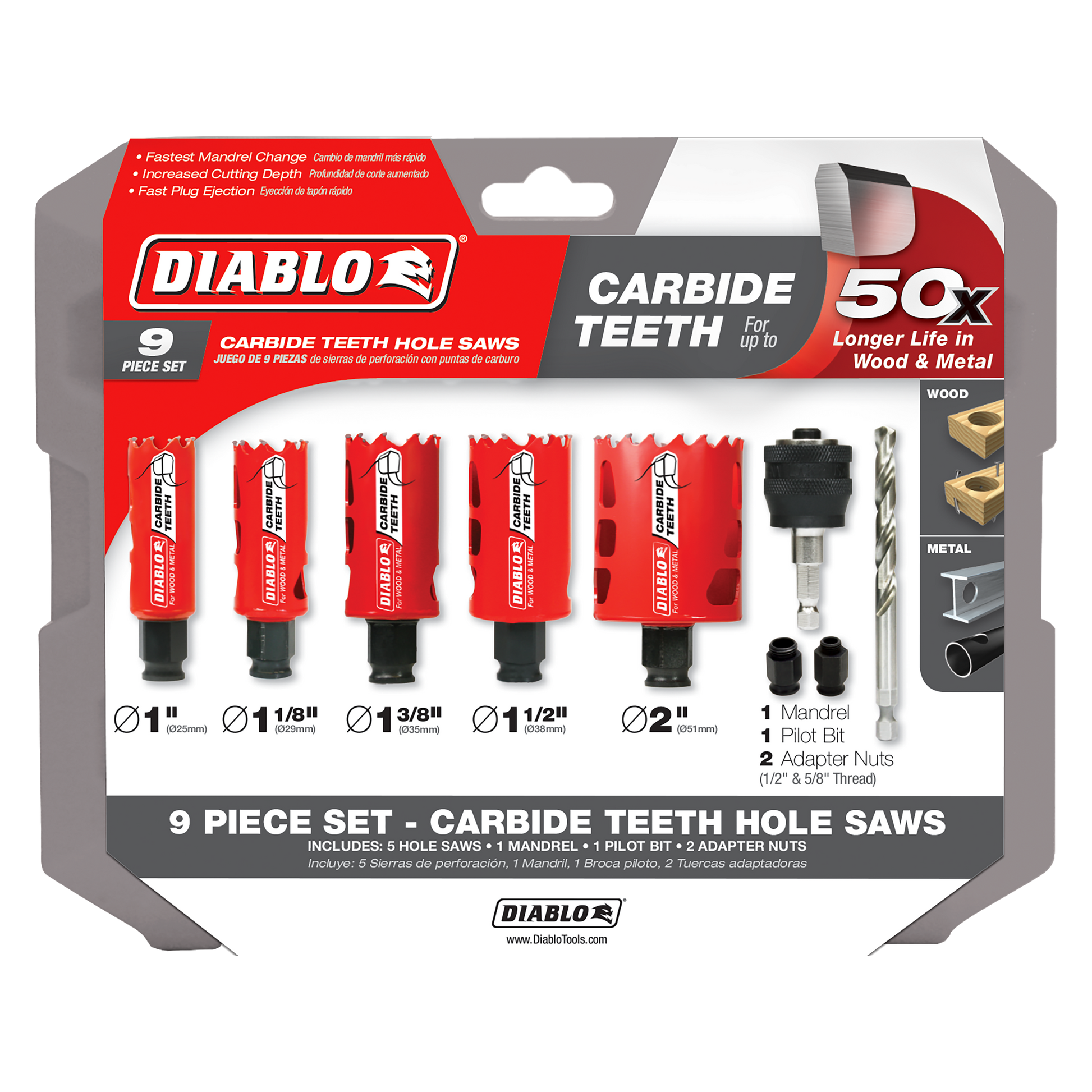 Nine-piece Diablo carbide hole saw set with five saws, mandrel, pilot bit, and adapter nuts in retail packaging.
