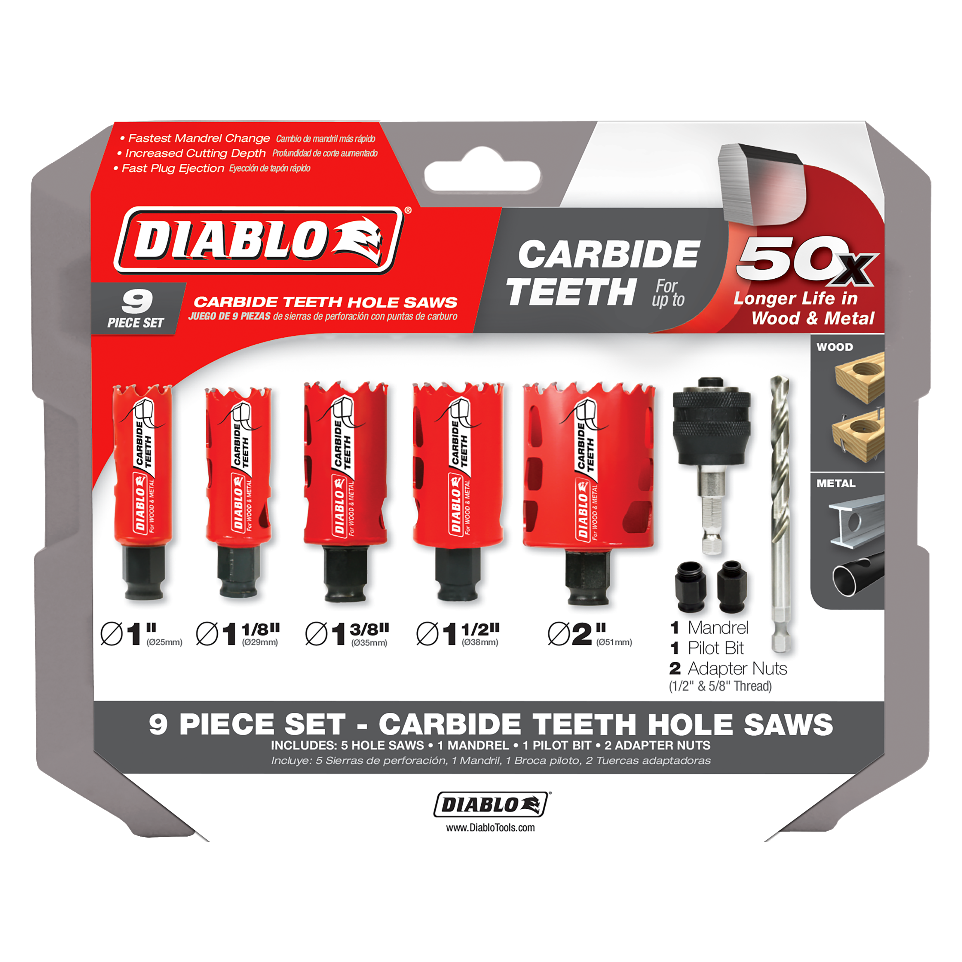 Nine-piece Diablo carbide hole saw set with five saws, mandrel, pilot bit, and adapter nuts in retail packaging.