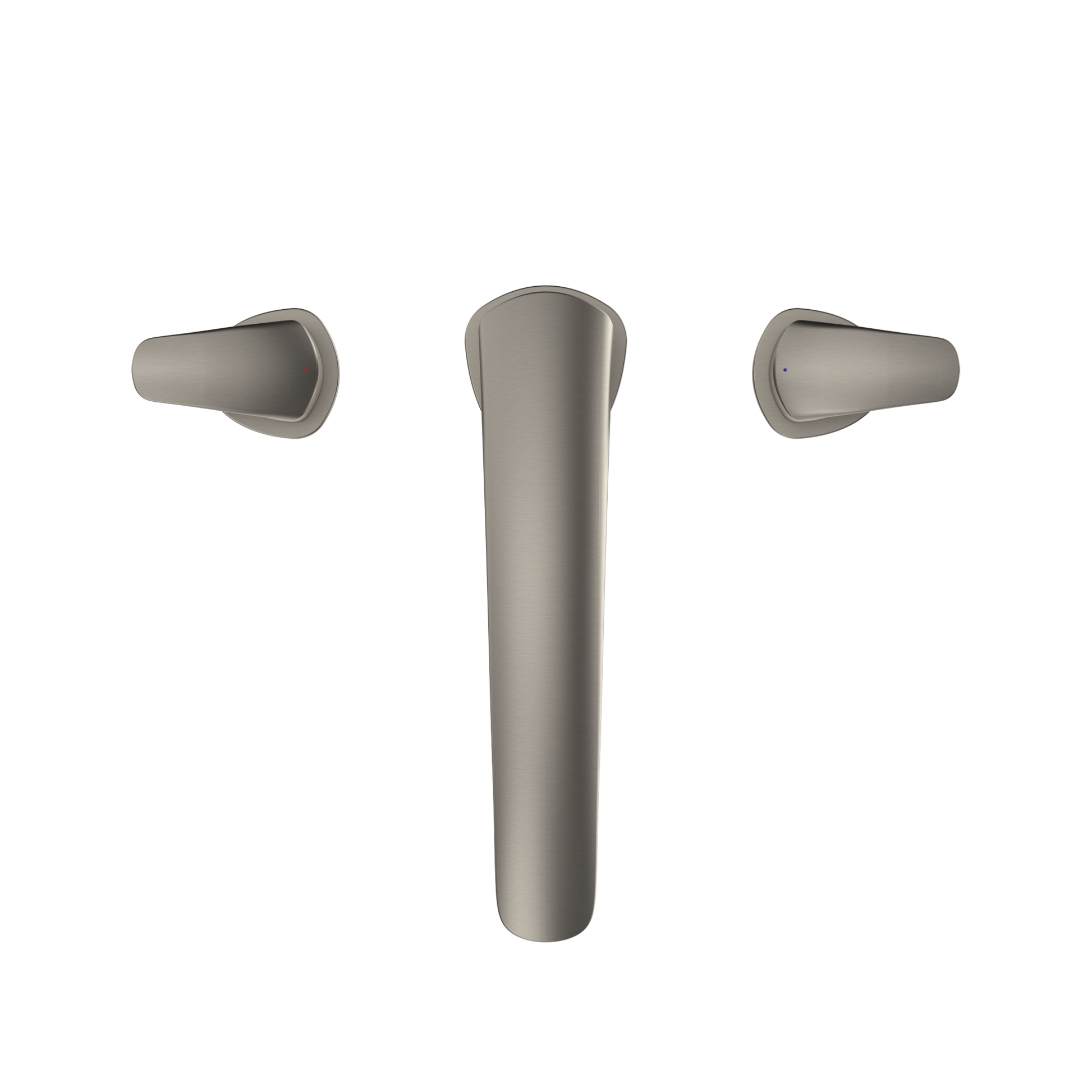 Brushed nickel roman tub filler with central spout and two lever handles mounted on deck.