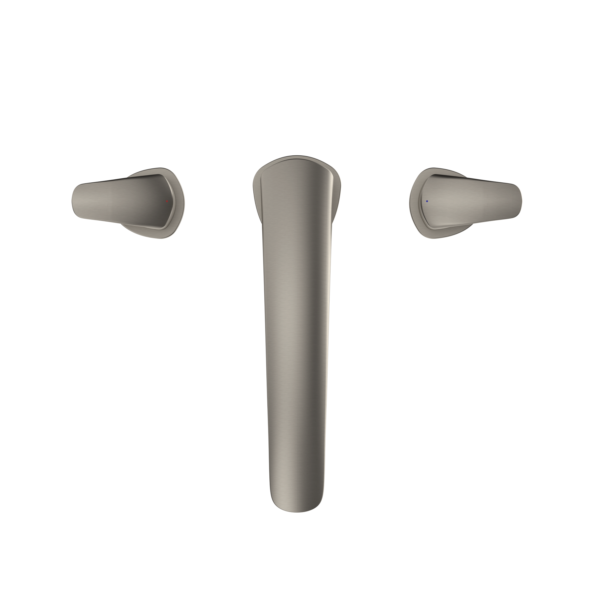 Brushed nickel roman tub filler with central spout and two lever handles mounted on deck.
