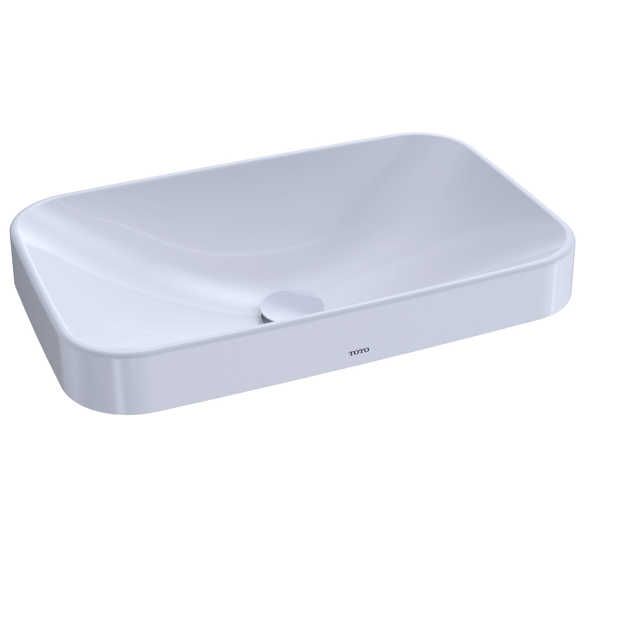 White rectangular vessel sink with rounded corners and single drain opening.