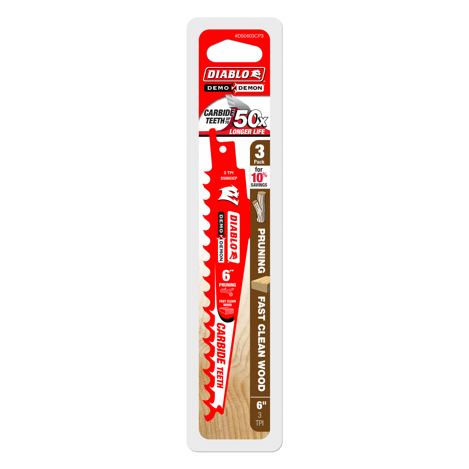 Three 6-inch red pruning saw blades with carbide teeth in Diablo packaging.