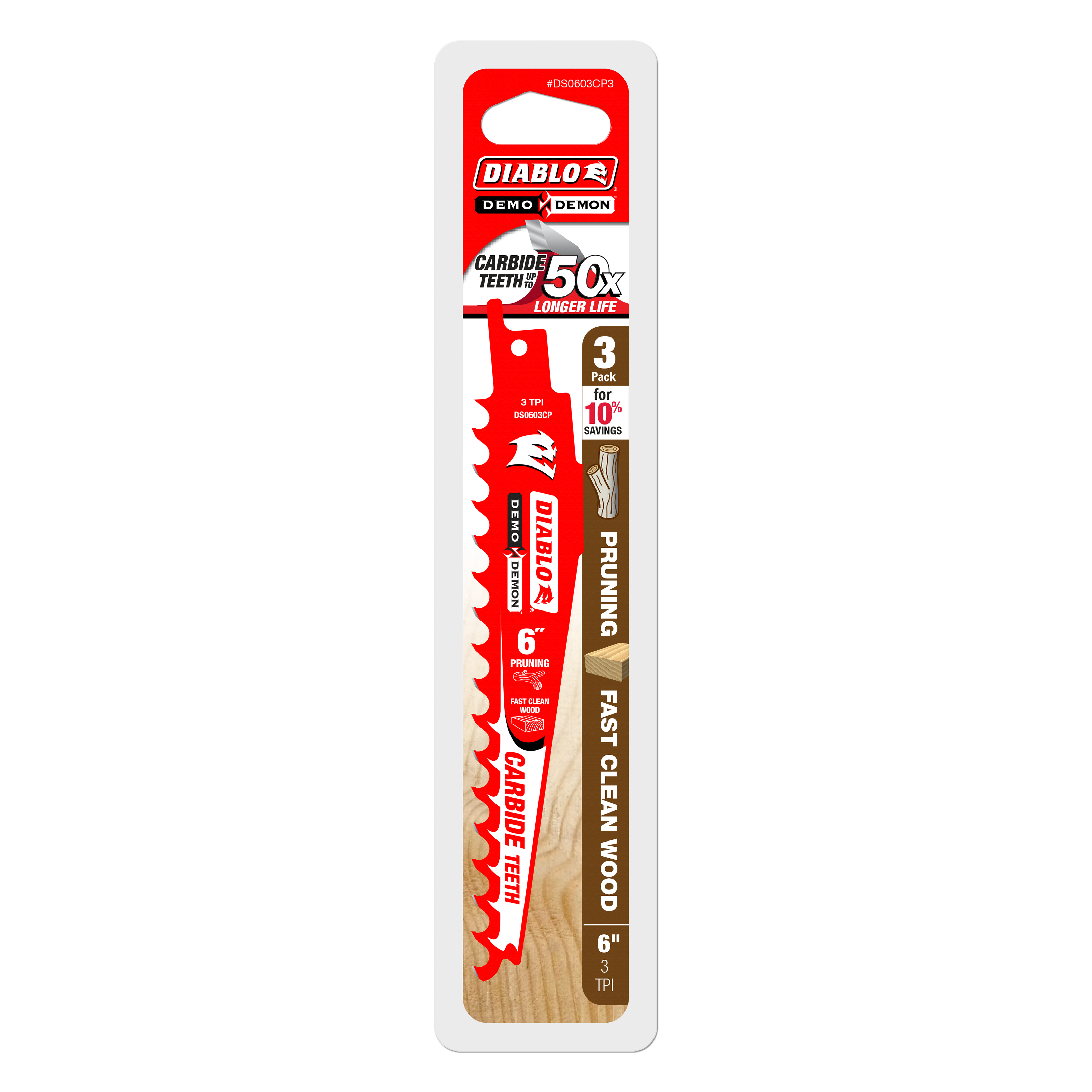 Three 6-inch red pruning saw blades with carbide teeth in Diablo packaging.