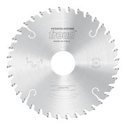 Freud 200mm conical scoring saw blade with angled teeth around perimeter and central arbor hole.