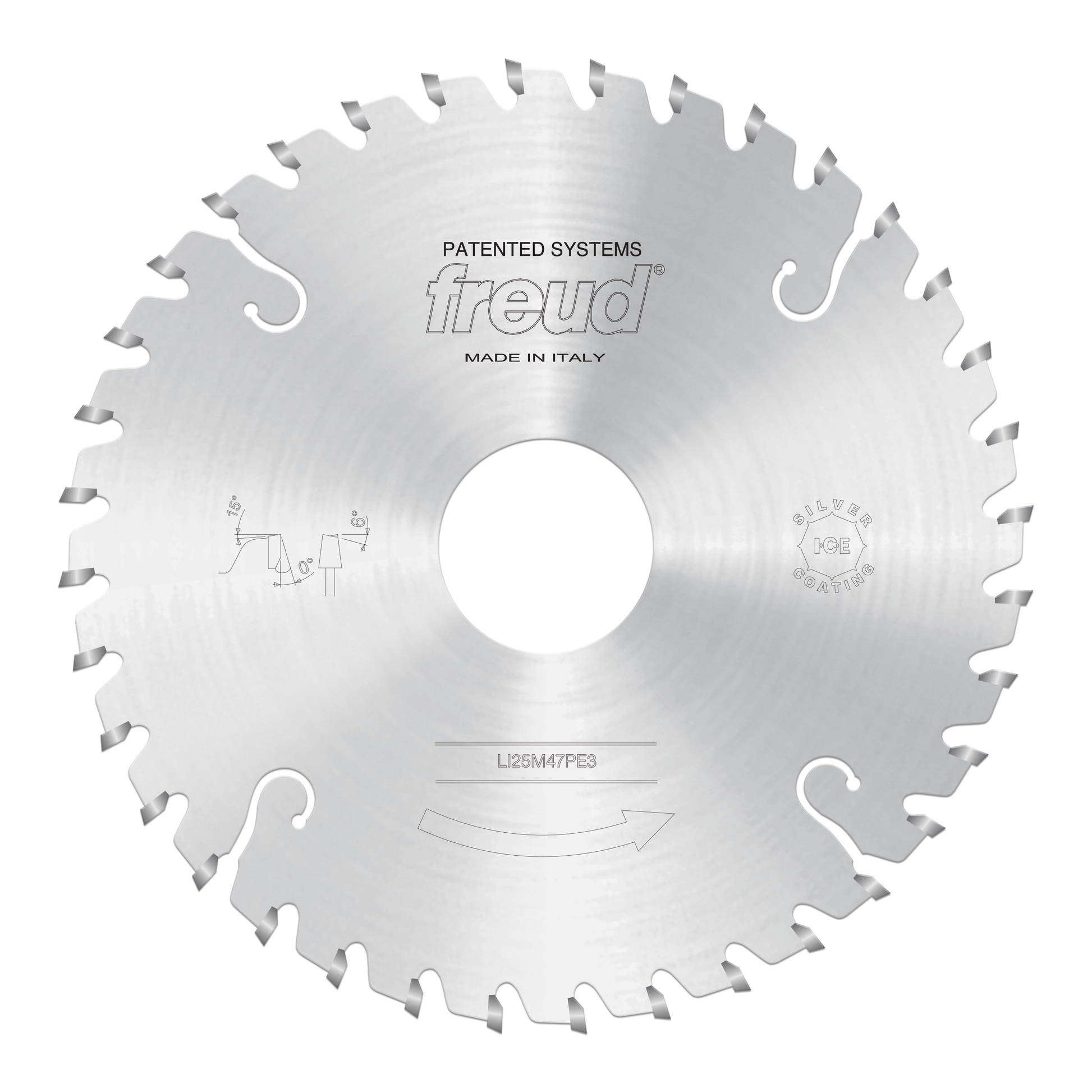 Freud 200mm conical scoring saw blade with angled teeth around perimeter and central arbor hole.