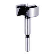 2 inch Forstner bit with cylindrical metal shaft and circular cutting head with black carbide teeth.