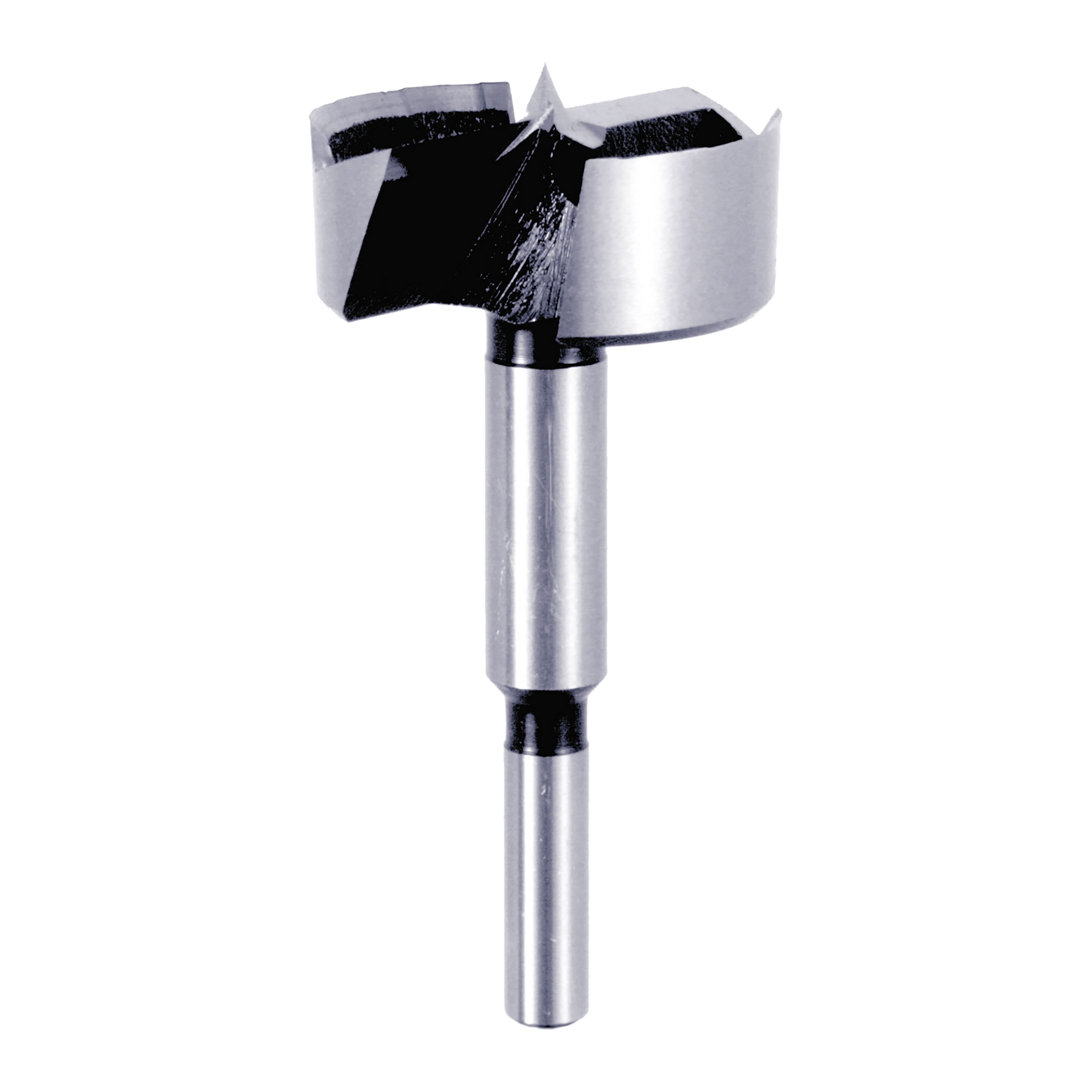 2 inch Forstner bit with cylindrical metal shaft and circular cutting head with black carbide teeth.