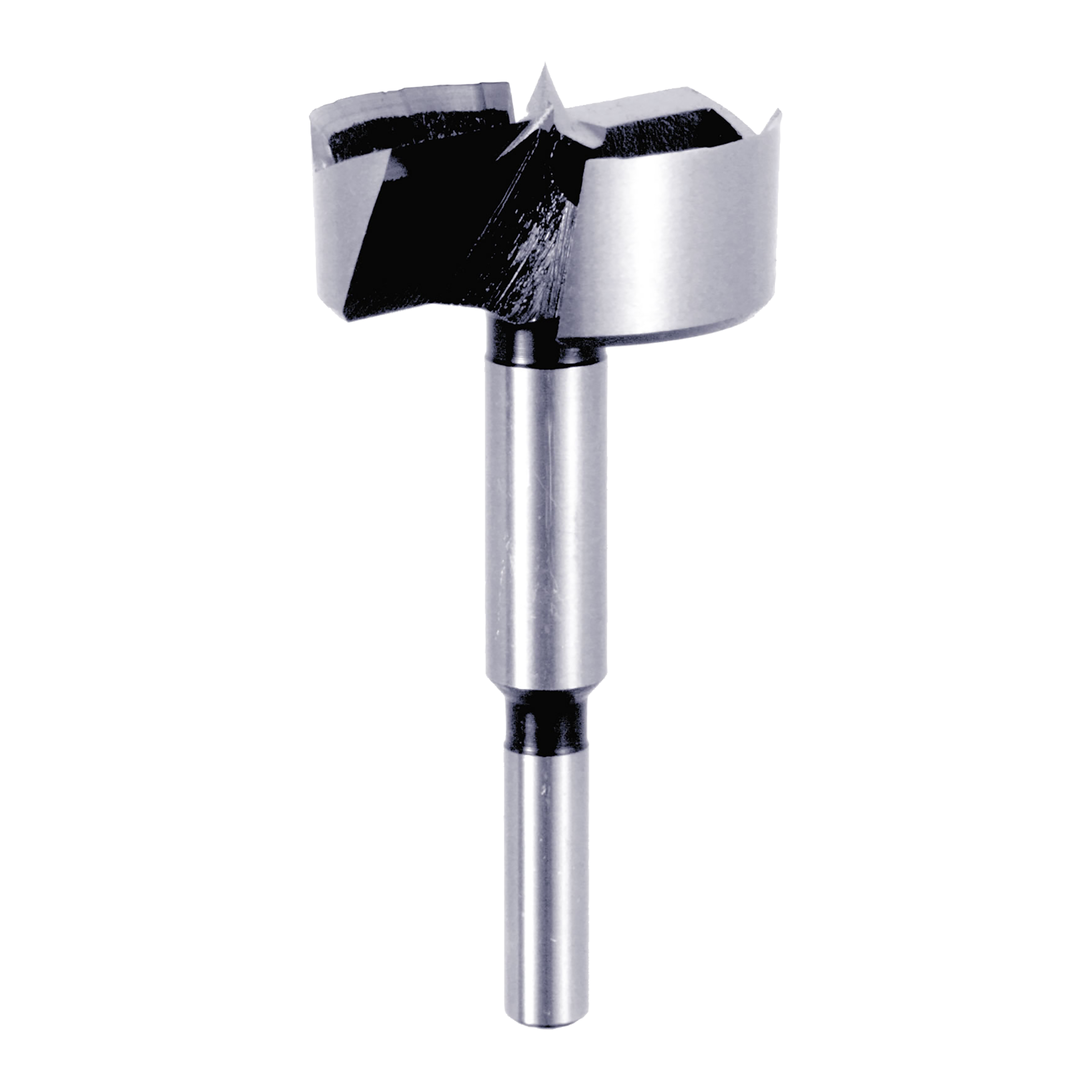 2 inch Forstner bit with cylindrical metal shaft and circular cutting head with black carbide teeth.