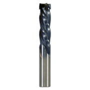 Black and silver mortise compression bit with four flutes and a flat cutting head, approximately 1/2 inch diameter.